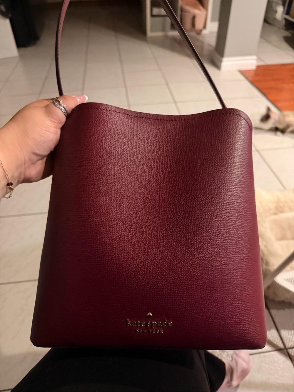 kate spade Burgundy Pebbled Leather Shoulder Bucket Bag